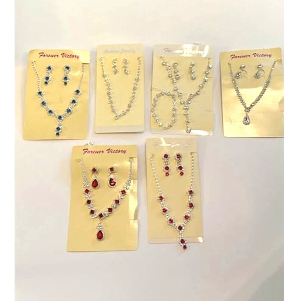 NWT Rhinestone Formal Fashion Jewelry CZ Clear, Blue, Red Necklace, Earrings.